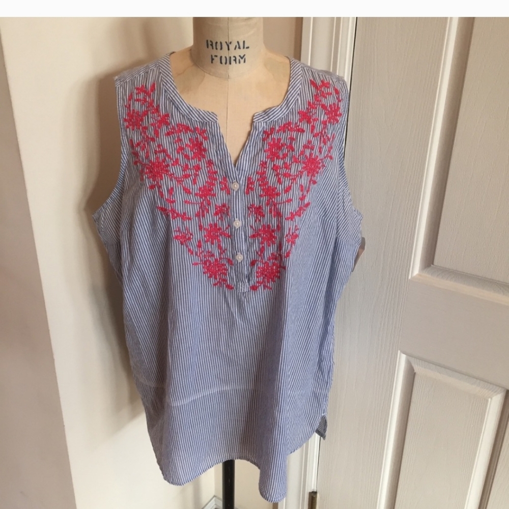 Croft & Barrow Blue Striped Blouse with Pink Embroidery